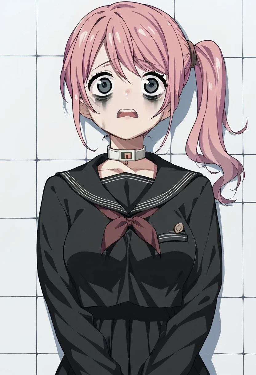 score_9, score_8_up, score_7_up, 
1girl, pink hair, side ponytail, black eyes, 
medium breasts, black serafuku, long sleeves, choker,
bags under eyes, scared, white room, tile wall, looking at viewer, wide-eyed, 