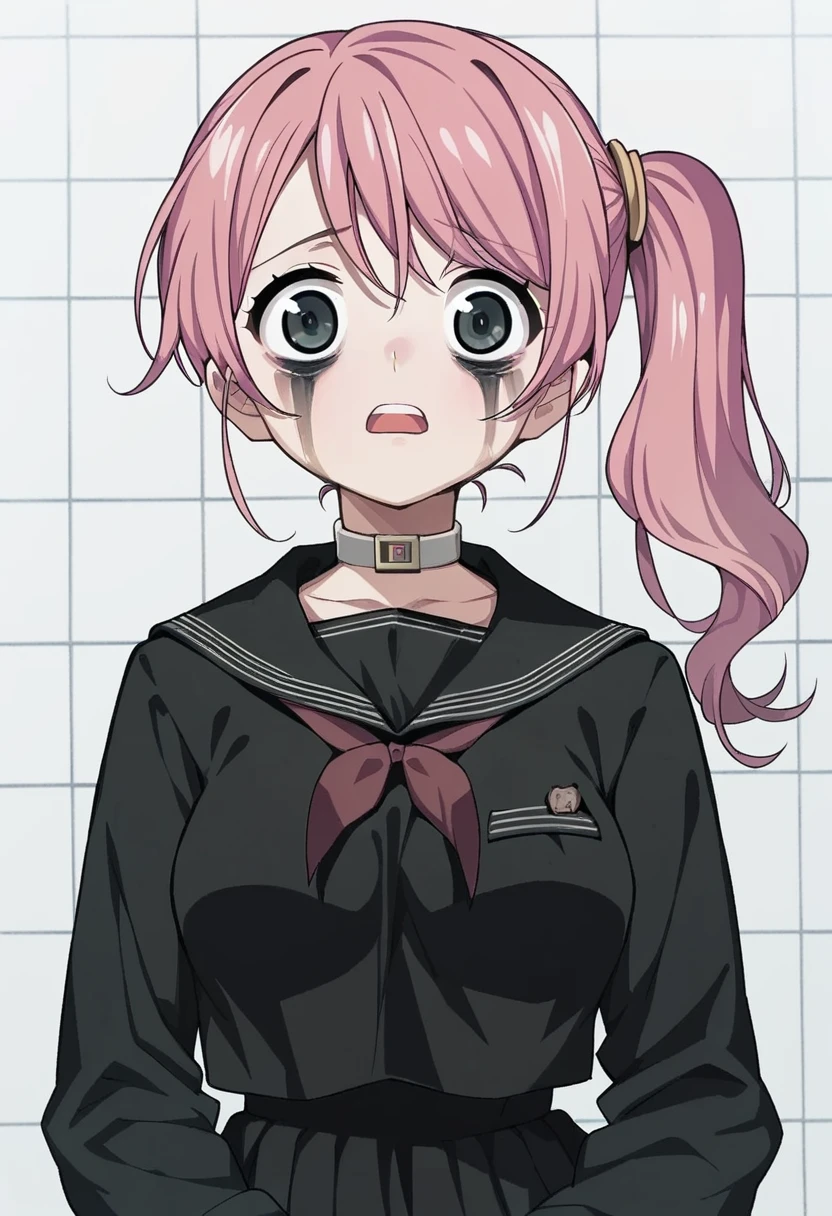 score_9, score_8_up, score_7_up, 
1girl, pink hair, side ponytail, black eyes, 
medium breasts, black serafuku, long sleeves, choker,
bags under eyes, scared, white room, tile wall, looking at viewer, wide-eyed, 