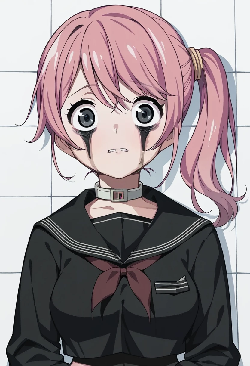 score_9, score_8_up, score_7_up, 
1girl, pink hair, side ponytail, black eyes, 
medium breasts, black serafuku, long sleeves, choker,
bags under eyes, scared, white room, tile wall, looking at viewer, wide-eyed, 