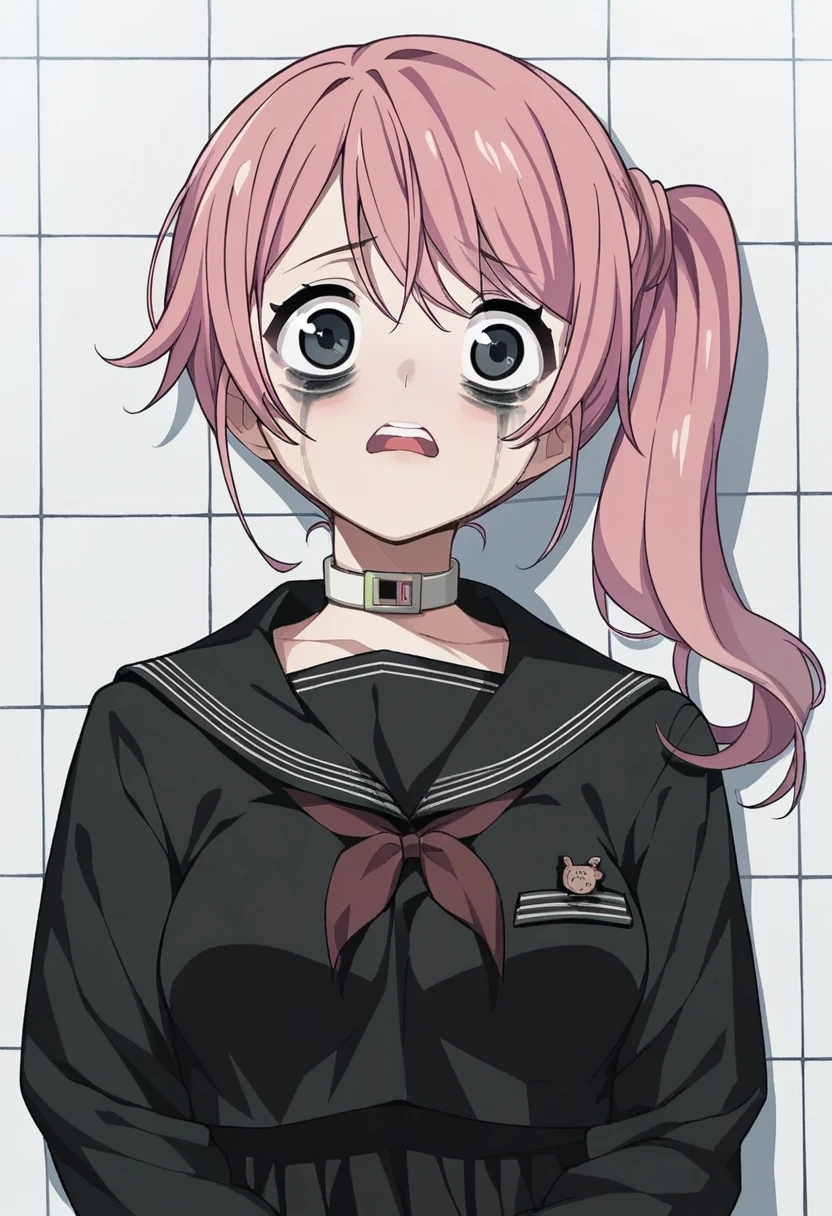 score_9, score_8_up, score_7_up, 
1girl, pink hair, side ponytail, black eyes, 
medium breasts, black serafuku, long sleeves, choker,
bags under eyes, scared, white room, tile wall, looking at viewer, wide-eyed, 