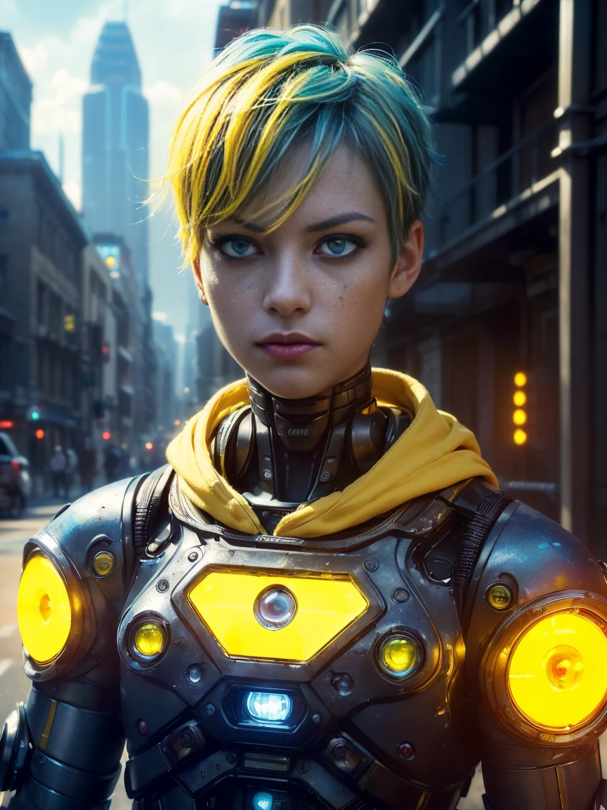 (masterpiece:1.3), (best cinematic quality:1.2), (extremely detailed setting:2), (soft+artistic lighting), (1boy), short blue haired, (eyes+yellow+red:1.4), (multicolored eyes+heterochromia), wearing cyberpunk clothes, futuristic, technological, city scenery with (robots around)0.4], giving dramatic scenery.