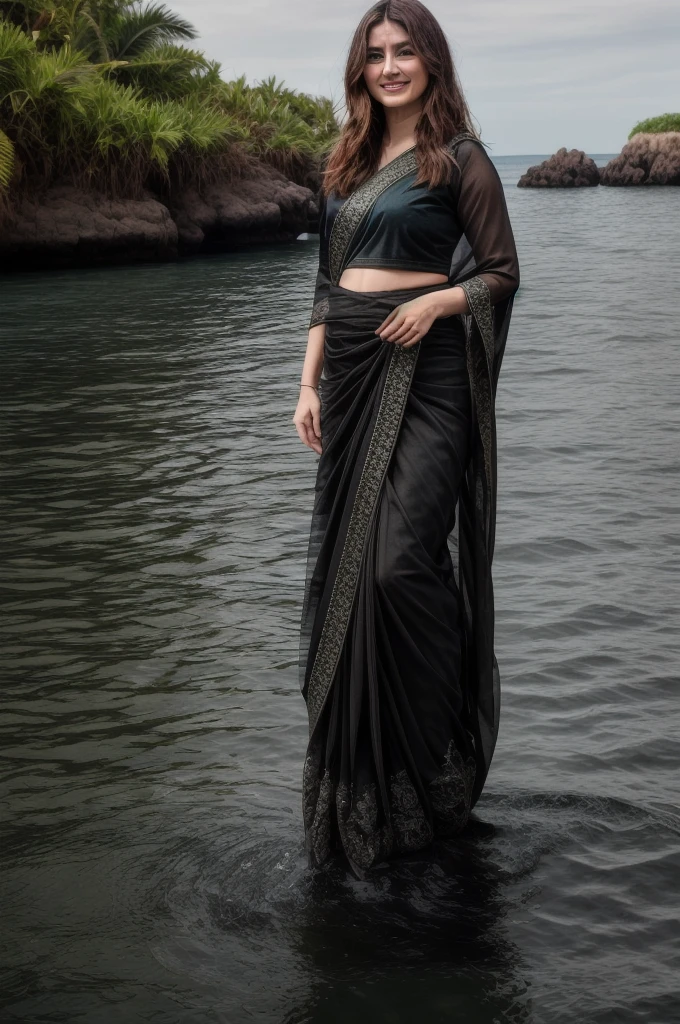 Full body photo of anamr, wearing black saree. smiling, floating in a (ocean:1.2), detailed skin, shimmering water, 8k uhd, dslr, soft lighting, high quality, film grain, long hair, 4K, HDR, outdoors, sunny, portrait photo
