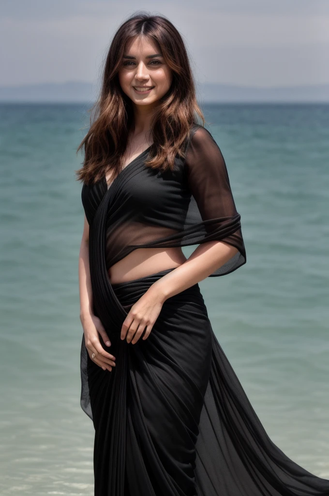 Full body photo of anamr, wearing black saree.  smiling,  floating in a (ocean:1.2), detailed skin, shimmering water, 8k uhd, dslr, soft lighting, high quality, film grain, long hair, 4K, HDR, outdoors, sunny, portrait photo
