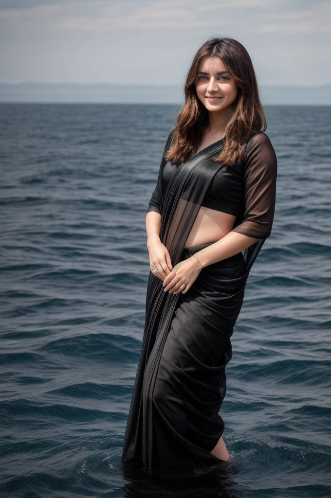 Full body photo of anamr, wearing black saree.  smiling,  floating in a (ocean:1.2), detailed skin, shimmering water, 8k uhd, dslr, soft lighting, high quality, film grain, long hair, 4K, HDR, outdoors, sunny, portrait photo