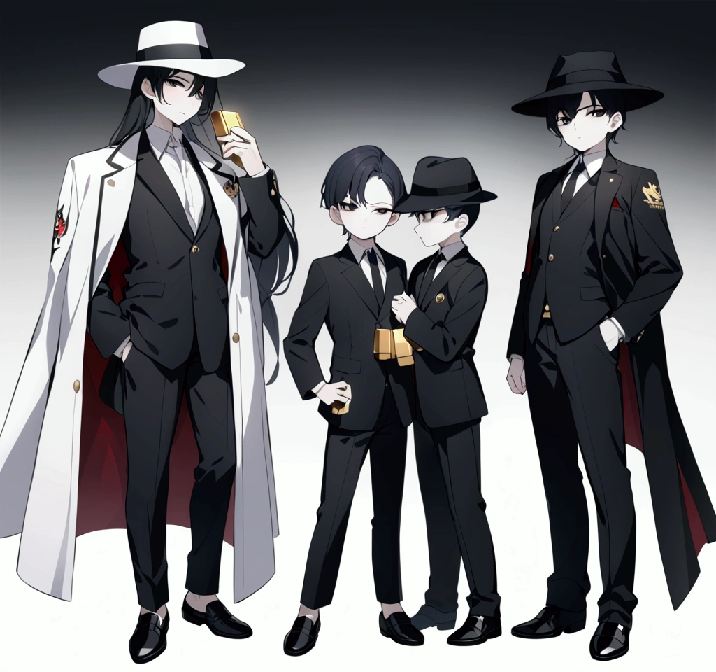Masterpiece, children, boys, pale skin, black eyes, black hair, white shirt, black suits, black trousers, black shoes, white long jacket with gold bars on the shoulders, black short robe with feathers, black and white fedora hat, red reversible stole, sharp gaze, he's the mafia boss of the strongest mafia group, wolf logo
