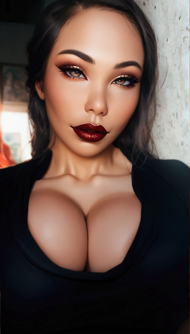 a close up of a woman with a big breast and a black top, cleavage, thick lips, portrait sophie mudd, sie boob, jaw-dropping beauty, sexy girl with dark complexion, thick red lips, large full lips, deep red lips, jaw dropping beauty, retouched in photoshop, 🤤 girl portrait, sexy face, sexy lips, asian female