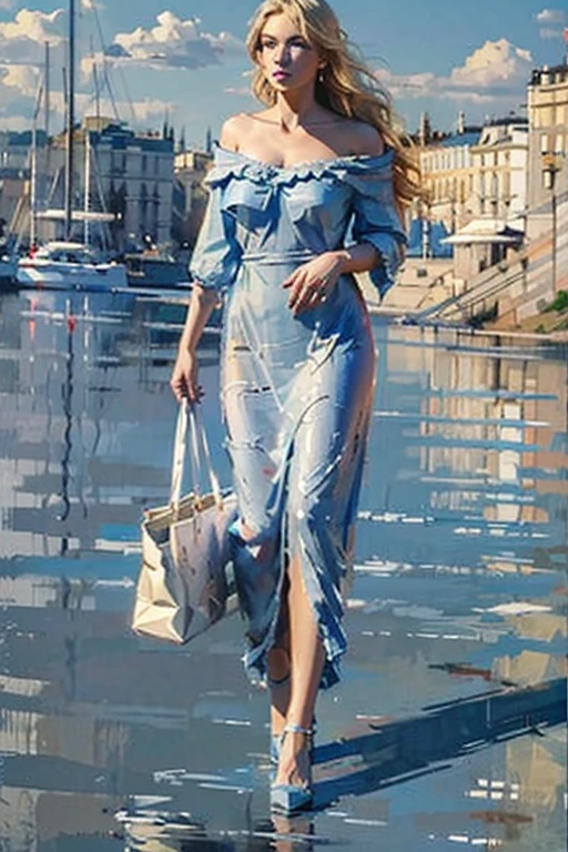 Masterpiece cinematic photo, photograph cinematic photo a russian beauty ,big blue eyes, blonde, ultra detailed, ultra sharp, ((best quality, симметрия)), ((masterpiece)), Stands on the embankment of Moscow. cityscape background, photograph, film, bokeh, professional, 16k , oil painting,