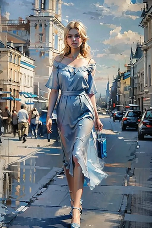 Masterpiece cinematic photo, photograph cinematic photo a russian beauty ,big blue eyes, blonde, ultra detailed, ultra sharp, ((best quality, симметрия)), ((masterpiece)), Stands on the embankment of Moscow.  cityscape background, photograph, film, bokeh, professional, 16k , oil painting, 