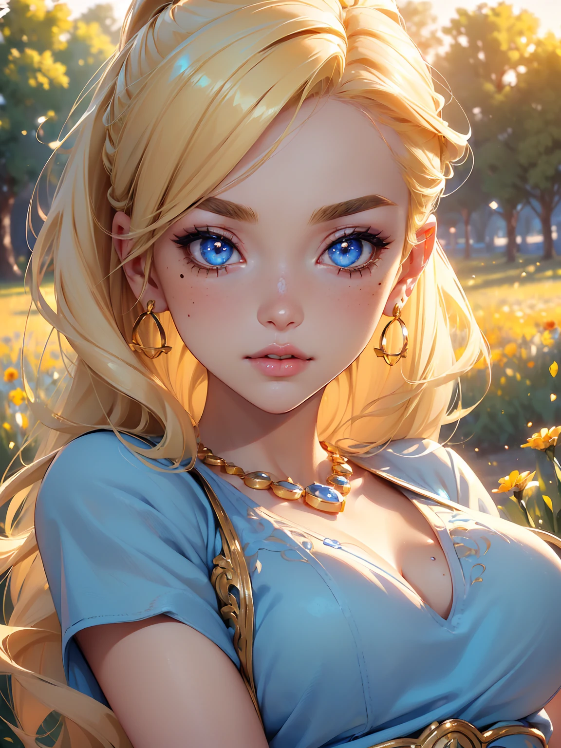 (((Blonde stunning hair))), (blue eyes), blue necklace, Golden earrings, Fit, Gorgeous Body, gorgeous, brown eyebrows, (two moles over lip), big pupils, (23 years old), 1girl,solo, complex skin, warm light, (large breasts), wide thighs, round butt, 5 fingers, ((blushing)), ((detailed face, best quality)),(beautiful detailed eyes), red lip, eyeshadow, beautiful face, long hair, very detailed eyes, intricate details in eyes, perfect lips, good lighting, ((masterpiece, Best quality, a high resolution, ultra detailed),(beautiful and aesthetically pleasing:1.2), 1 woman, high short ponytail, Beautiful, Detailed eyes and face, hot short shirt, Converse sneakers, golden hour, Field of Flowers, complex parts
