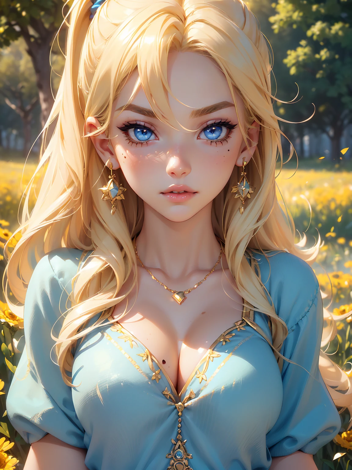 (((Blonde stunning hair))), (blue eyes), blue necklace, Golden earrings, Fit, Gorgeous Body, gorgeous, brown eyebrows, (two moles over lip), big pupils, (23 years old), 1girl,solo, complex skin, warm light, (large breasts), wide thighs, round butt, 5 fingers, ((blushing)), ((detailed face, best quality)),(beautiful detailed eyes), red lip, eyeshadow, beautiful face, long hair, very detailed eyes, intricate details in eyes, perfect lips, good lighting, ((masterpiece, Best quality, a high resolution, ultra detailed),(beautiful and aesthetically pleasing:1.2), 1 woman, high short ponytail, Beautiful, Detailed eyes and face, long oversized shirt, Converse sneakers, golden hour, Field of Flowers, complex parts