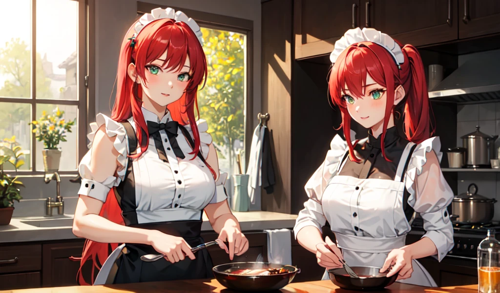 ((best quality)), ((masterpiece)), (detailed), 1girl, A beautiful maid is cooking,Very attractive,She is a very beautiful and healing woman.。Otherworldly Adventure,Five fingers,Red hair,Beautiful green eyes,It&#39;s tempting me