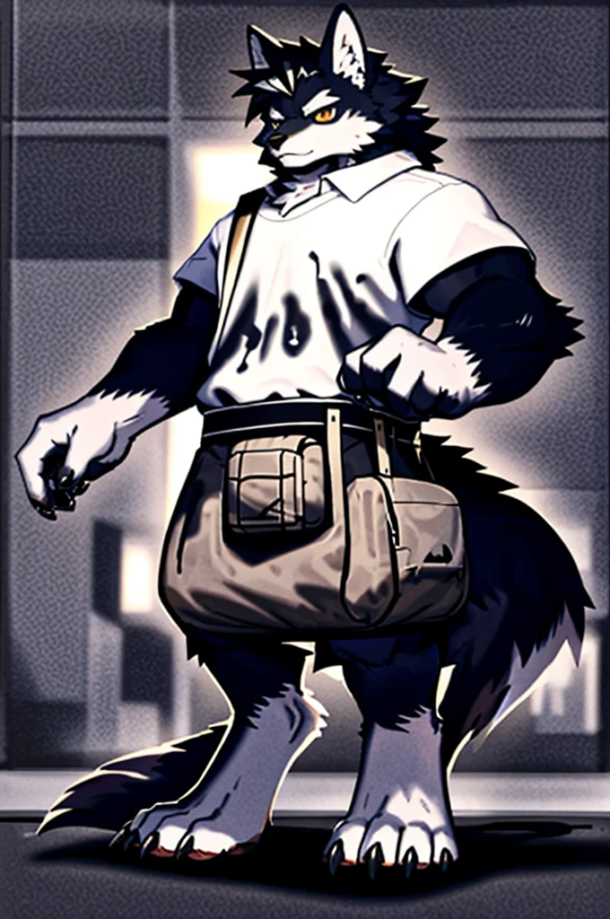 (Strong arms),(Strong legs),masterpiece, best quality, Official Art, Extremely detailed CG unified 8k wallpaper, Ultra Detailed, Best Illustration, , Ink fur, hairy male, Wolf Boy, hairy, Ink fur, 1 Boy,, male focus,, Striped hair, Wolf ears, Animal ears, Single speaker, Ink fur, Bangs, dark hair, White highlights, Medium Hair, Solitary, Ink tail,hairy尾巴,(Black pupil),High target,(campus),,barefoot,(Sexy),((High target and strong)),side,(Delicate eyes:1.2),Inky eyes,male,Solitary,(Inky pupils),(Detailed face),(Sharp eyes),Permanent,(Detailed hands),(Foot details),aldult,type,Moderate,Long legs,(Detailed fingers),(Delicate eyes),(White shirt),(Black shorts),easy,(Big Bag:1.5)