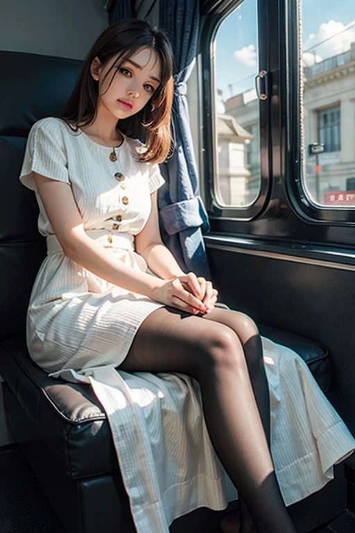 (masterpiece, Highest quality, 8K, RAW Photos, beautifully、beautiful:1.2), Intricate details, indirect lighting, Realistic,
whole body, Sitting on a chair on the train、Gazing at the audience、Voyeur、
Square neck button-down linen sundress, (Ultra-realistic pantyhose)、
Women's training , Chair to sit under skirt,