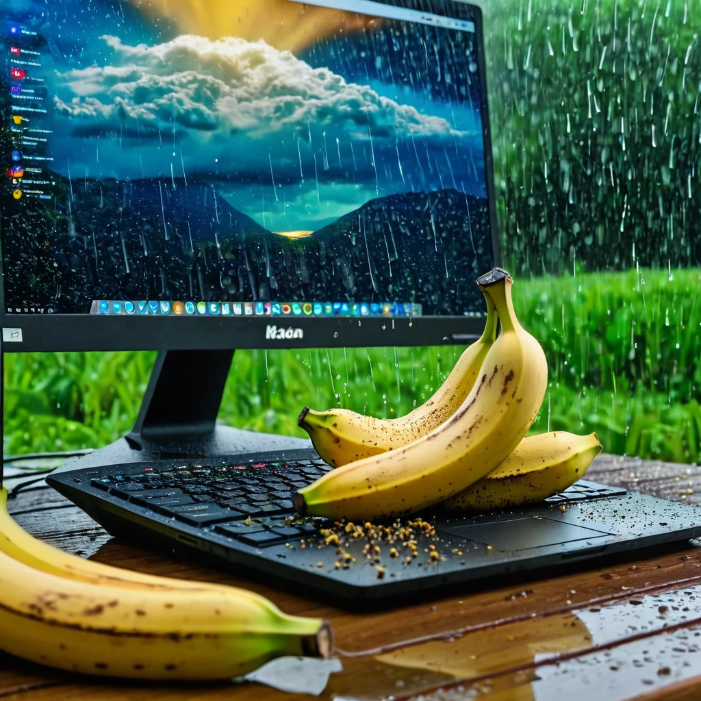 Computer eat banana’s (computer) ((big computer)) eat banana’s for the diner (eat yellow banana’s). rain of maggots (maggots rain) in background. 8k, hdr, epic realistic photographie ((8k)) Ultra quality 8k