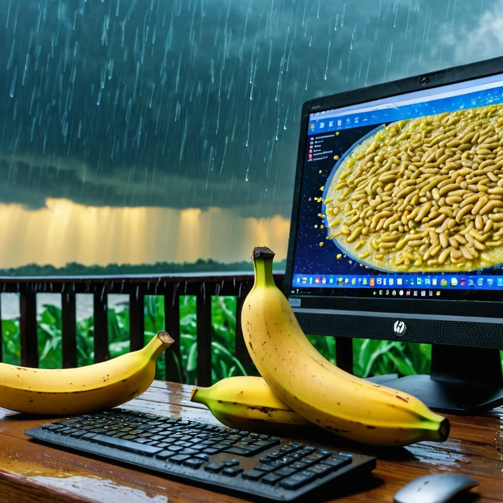Computer eat banana’s (computer) ((big computer)) eat banana’s for the diner (eat yellow banana’s). rain of maggots (maggots rain) in background. 8k, hdr, epic realistic photographie ((8k)) Ultra quality 8k