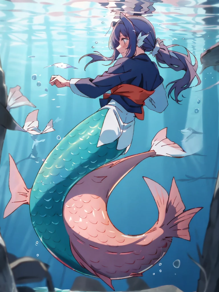 Witch Mermaid, with human ears, swimming, long ponytail, fullbody, 