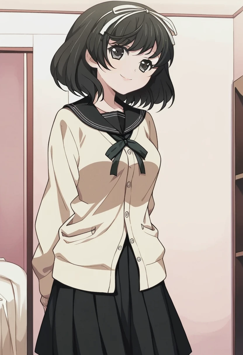 score_9, score_8_up, score_7_up, 
1girl, hokari kanae, black hair, medium hair, black eyes, hair ribbon, white ribbon,
medium breasts,
standing, indoors, bedroom, looking at viewer, smile,
, cardigan, black sailor collar, black skirt, arms behind back,