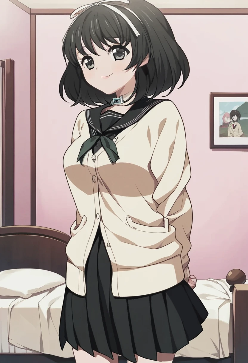 score_9, score_8_up, score_7_up, 
1girl, hokari kanae, black hair, medium hair, black eyes, hair ribbon, white ribbon,
medium breasts,
standing, indoors, bedroom, looking at viewer, smile,
, cardigan, black sailor collar, black skirt, arms behind back,