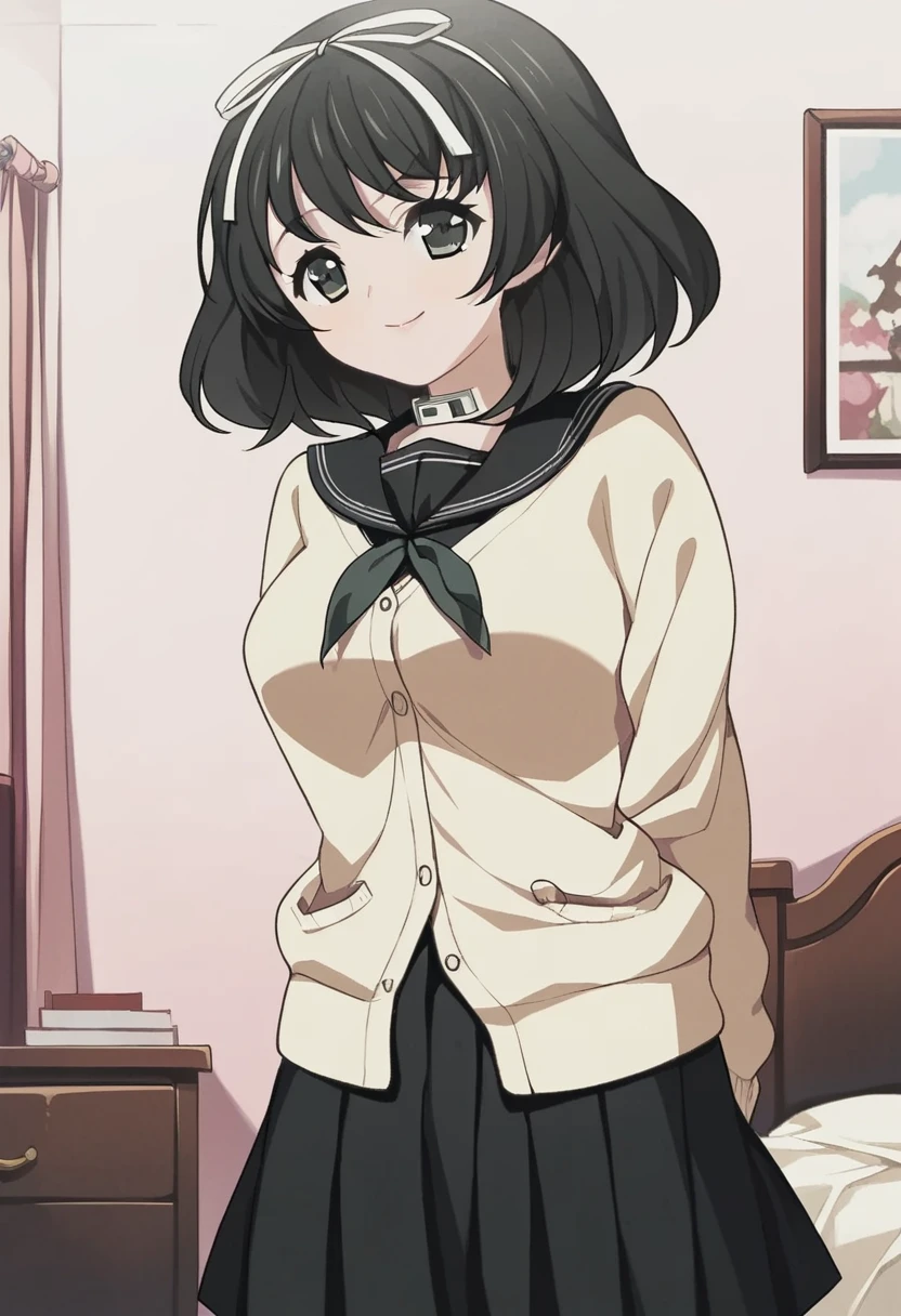 score_9, score_8_up, score_7_up, 
1girl, hokari kanae, black hair, medium hair, black eyes, hair ribbon, white ribbon,
medium breasts,
standing, indoors, bedroom, looking at viewer, smile,
, cardigan, black sailor collar, black skirt, arms behind back,