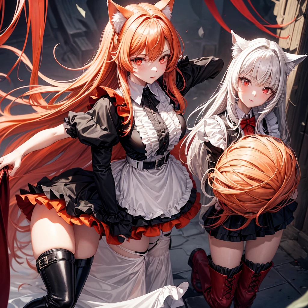 Female wolf alone with no one with her, wears a black maid outfit with a short black maid skirt with red ruffles, has long fluffy blonde hair with a red streak, He has red-orange eyes, wears black boots, and wears a belt with a black buckle.