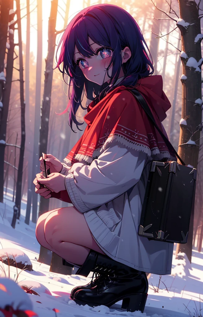 aihoshino, Ai Hoshino, Long Hair, bangs, (Purple eyes:1.1), Purple Hair, (Symbol-shaped pupil:1.5), smile,,smile,blush,White Breath,
Open your mouth,snow,Ground bonfire, Outdoor, boots, snowing, From the side, wood, suitcase, Cape, Blurred, , forest, White handbag, nature,  Squat, Mouth closed, Cape, winter, Written boundary depth, Black shoes, red Cape break looking at viewer, Upper Body, whole body, break Outdoor, forest, nature, break (masterpiece:1.2), Highest quality, High resolution, unity 8k wallpaper, (shape:0.8), (Beautiful and beautiful eyes:1.6), Highly detailed face, Perfect lighting, Extremely detailed CG, (Perfect hands, Perfect Anatomy),