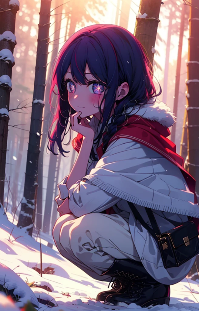 aihoshino, Ai Hoshino, Long Hair, bangs, (Purple eyes:1.1), Purple Hair, (Symbol-shaped pupil:1.5), smile,,smile,blush,White Breath,
Open your mouth,snow,Ground bonfire, Outdoor, boots, snowing, From the side, wood, suitcase, Cape, Blurred, , forest, White handbag, nature, Squat, Mouth closed, Cape, winter, Written boundary depth, Black shoes, red Cape break looking at viewer, Upper Body, whole body, break Outdoor, forest, nature, break (masterpiece:1.2), Highest quality, High resolution, unity 8k wallpaper, (shape:0.8), (Beautiful and beautiful eyes:1.6), Highly detailed face, Perfect lighting, Extremely detailed CG, (Perfect hands, Perfect Anatomy),