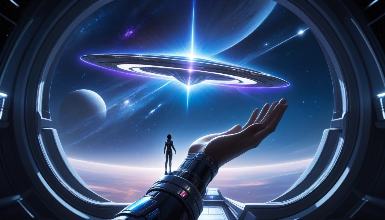 at night, front view of a figure overlooking the cosmos out of a large window in a futuristic starship with a celestial hand holding a galaxy in its palm