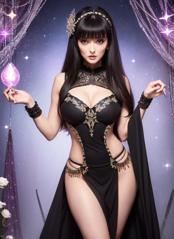 1girl, (((Sarah Douglas))) ((witch)), (Queen Taramis) sexy witch, sexy Queen, ((slit witch Dress)), big breasts, (long straight black hair), brown eyes, small crown, (Conan Barbarian movie) long_hair, Long_Straight_Hair, seductive_eyes, Big_Breasts, mysterious_expression, mature_appearance, glamorous_outfit, flowing_dress, elegant_jewelry, intricate_embellishments, magic_symbols, glowing_accessories, potions, scrolls, cute_accents, bows, ribbons, flowers,