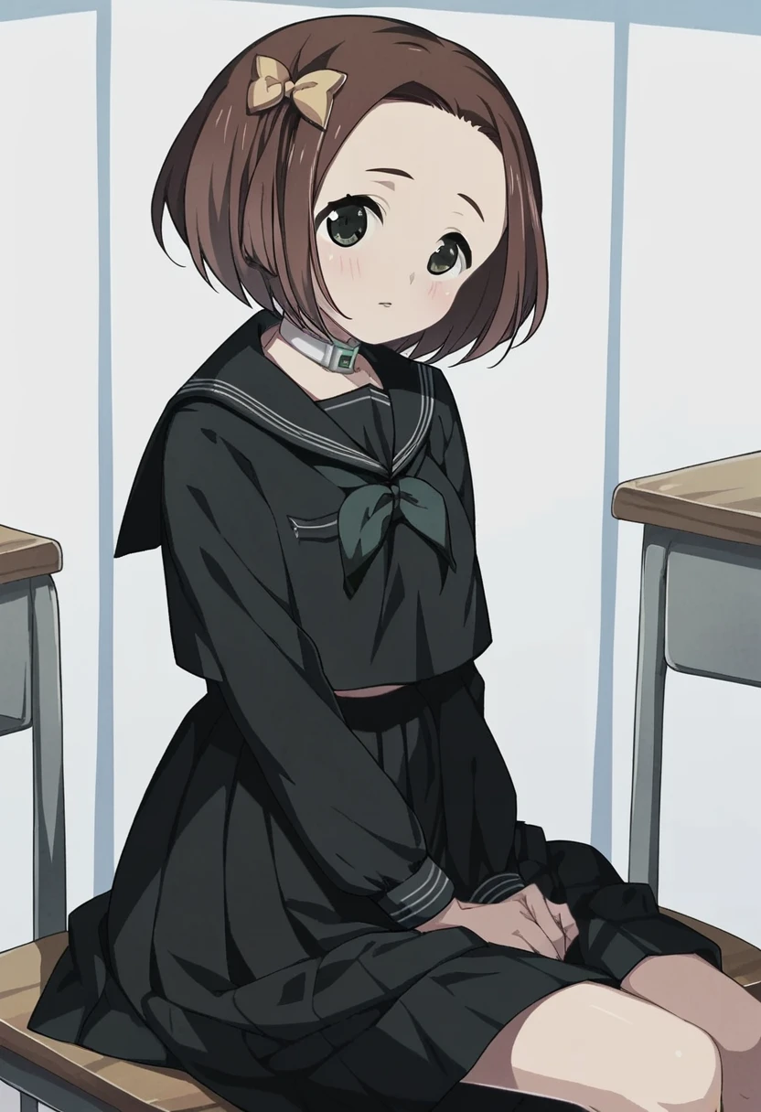 score_9, score_8_up, score_7_up, 
1girl, makiba rika, brown hair, medium hair, black eyes, parted bangs, forehead, hair bow,


black serafuku, black skirt, sitting, classroom, blush, looking at viewer,