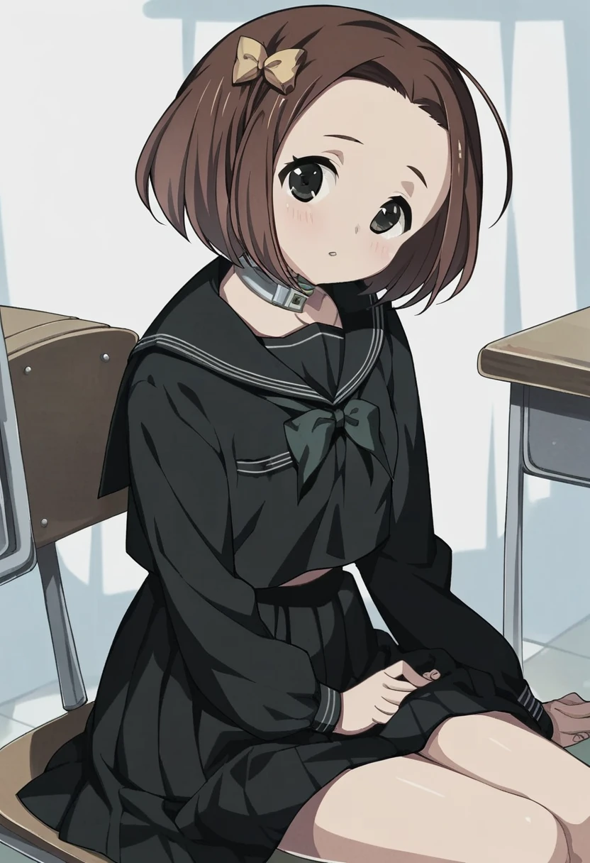 score_9, score_8_up, score_7_up, 
1girl, makiba rika, brown hair, medium hair, black eyes, parted bangs, forehead, hair bow,


black serafuku, black skirt, sitting, classroom, blush, looking at viewer,