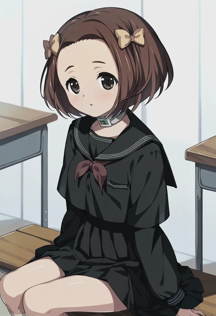 score_9, score_8_up, score_7_up, 
1girl, makiba rika, brown hair, medium hair, black eyes, parted bangs, forehead, hair bow,


black serafuku, black skirt, sitting, classroom, blush, looking at viewer,