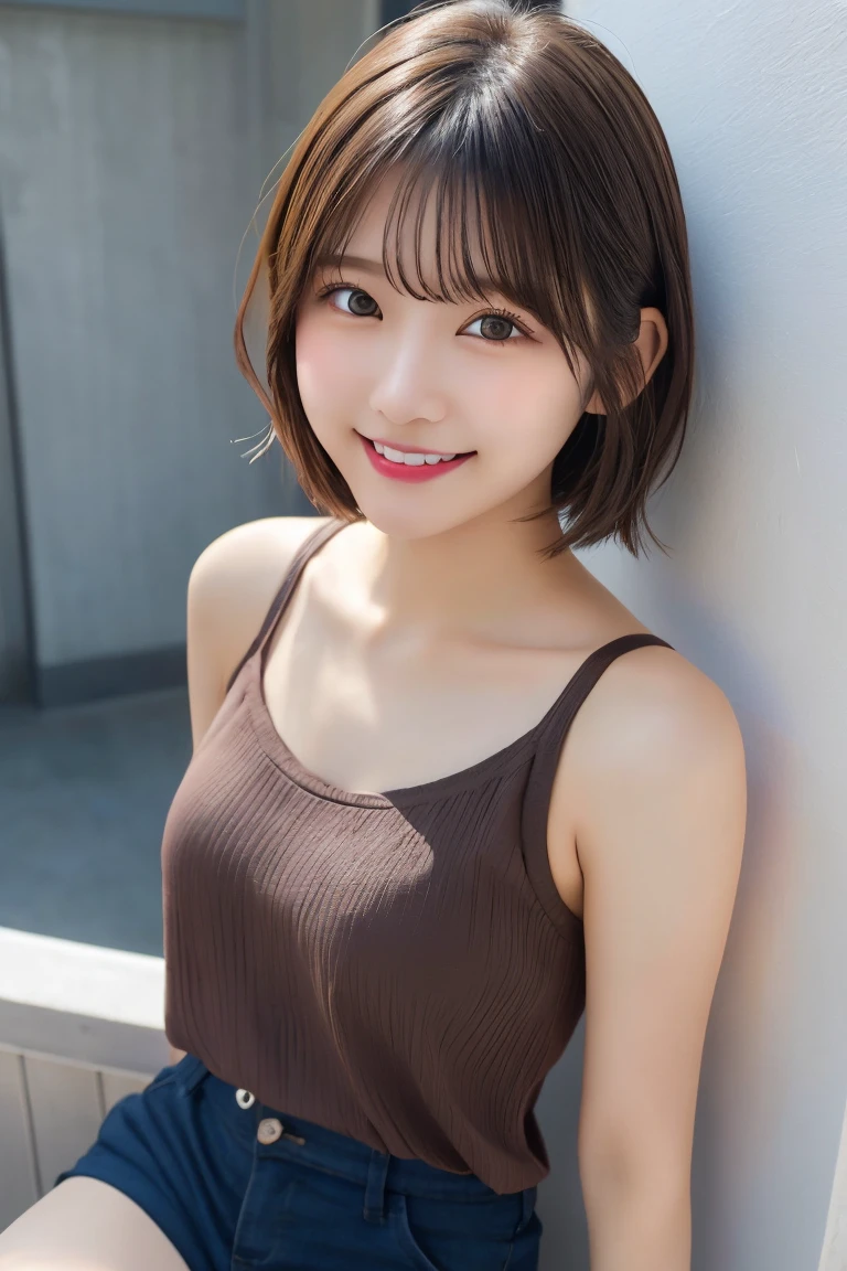 Highest quality(beautiful)、Brown eyes、22-year-old female、smile、Gal、Semi-short hair、camisole、Natural Lip、Soft Breasts、Shoot from above、Shorts
