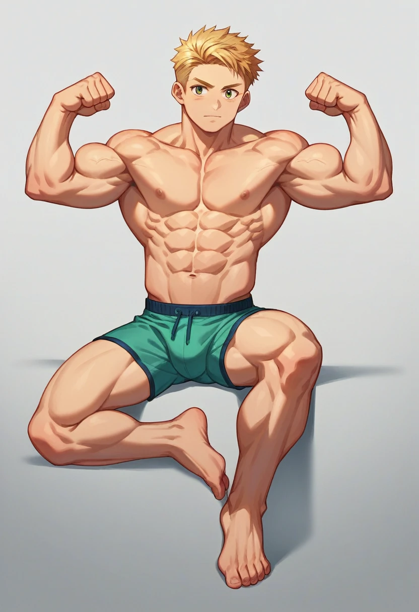 (​masterpiece, best quality), Intricate detailing, 8K, artstation, Anime art, Young Teenager, Teen Bodybuilder, 14 years old, blonde hair, posing bis muscles in underwear, barefoot, Buff muscle Body, flexing his muscles, muscular chest