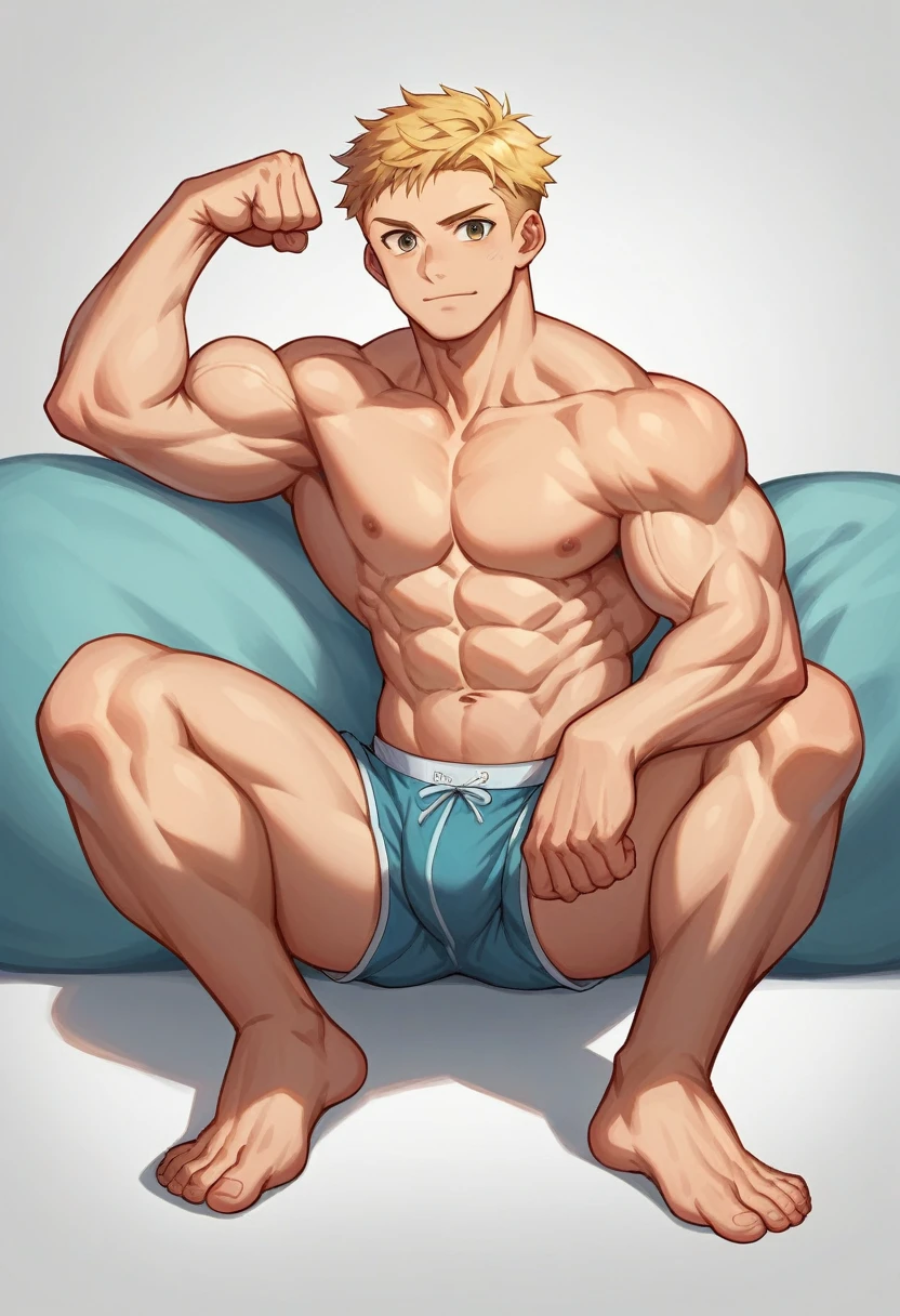 (​masterpiece, best quality), Intricate detailing, 8K, artstation, Anime art, r, Teen Bodybuil 14 years old, blosing bis muscles in underwear, barefoot, Buff muscle Body, flexing his muscles, muscular chest