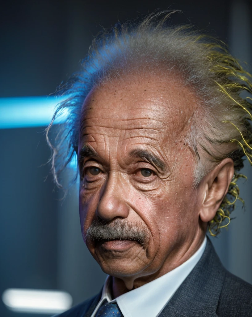 (Masterpiece, Best Quality), Albert Einstein (as a cyberpunk warrior), 1 man, epic (Photo, studio lighting, Hard light, Sony A7, 50 millimeters, matte skin, pores, colors, hyperdetailed, Hyper realistic), ultra-sharp,