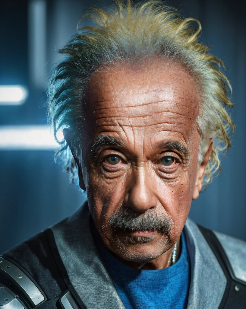 (Masterpiece, Best Quality), Albert Einstein (as a cyberpunk warrior), 1 man, epic (Photo, studio lighting, Hard light, Sony A7, 50 millimeters, matte skin, pores, colors, hyperdetailed, Hyper realistic), ultra-sharp,