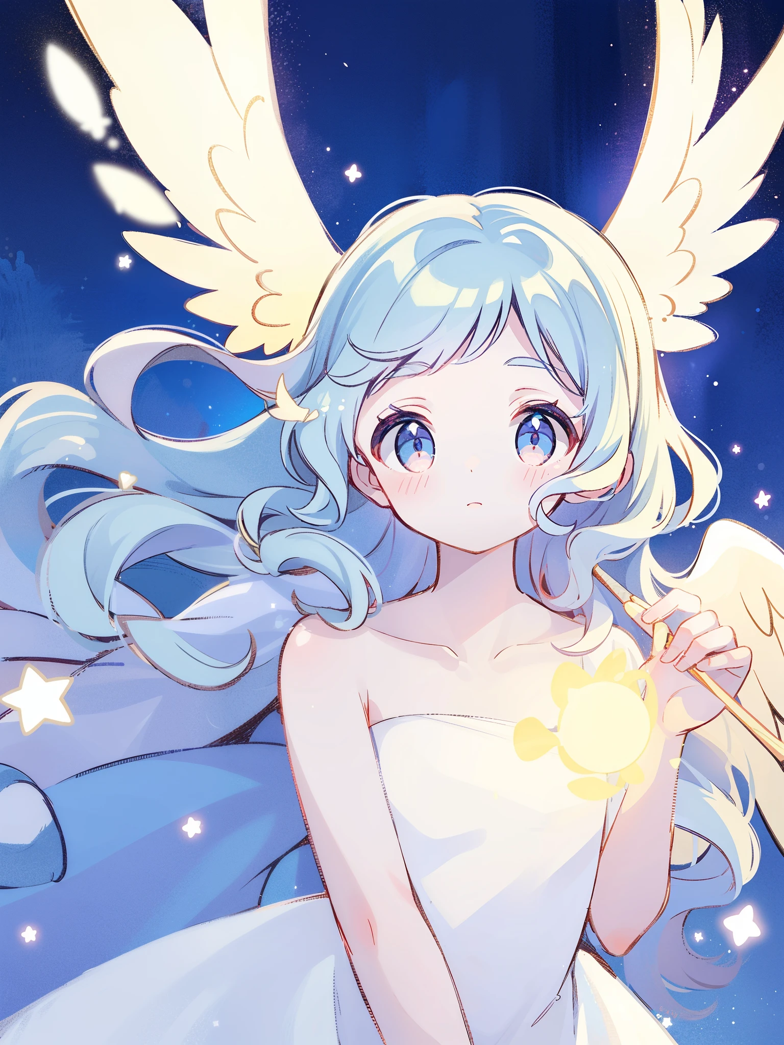 nude angel girl wearing an ethereal translucent dress, pale skin, ((wavy blue hair)), white feathers, angel wings, sparkling detailed eyes, golden ratio face, perfect composition, highly detailed, ethereal, (starry night sky background), midjourney style