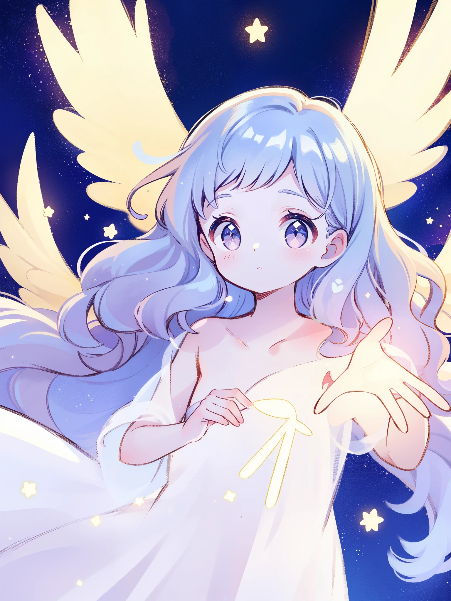nude angel girl wearing an ethereal translucent dress, pale skin, ((wavy blue hair)), white feathers, angel wings, sparkling detailed eyes, golden ratio face, perfect composition, highly detailed, ethereal, (starry night sky background), midjourney style