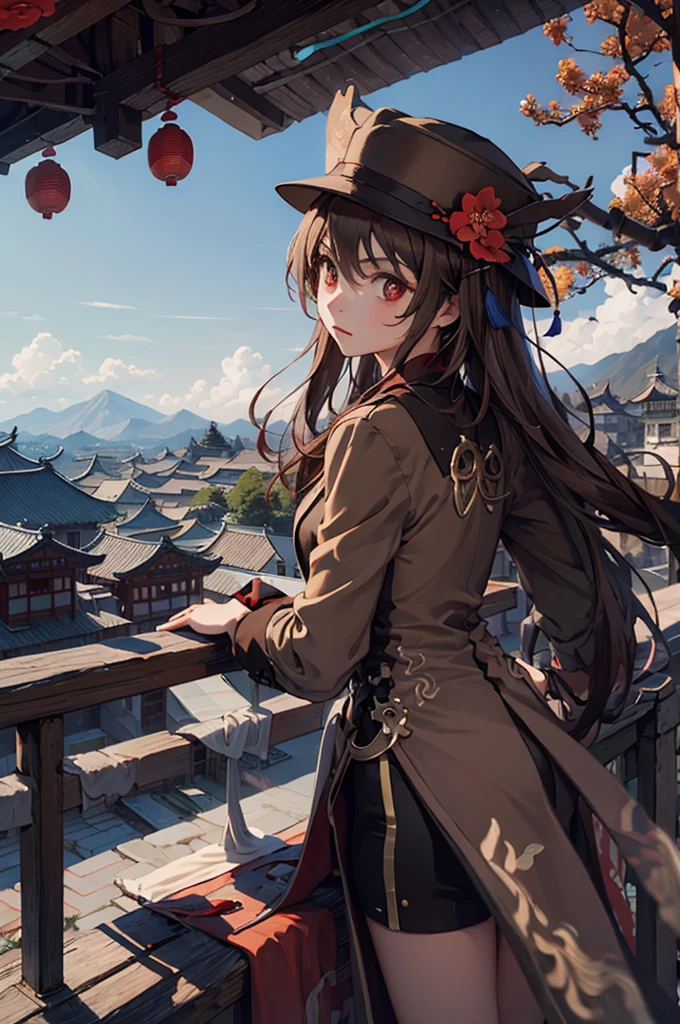 1 girl solo, brown jacket, long brown hair, red eyes, brown hat with red flowers, in a small medieval chinese town, old chinese buildings, mountains far on background, chinese temple