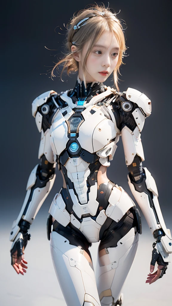 {{best quality, 1080P, Masterpiece, Ultra high resolution, photorealistic, ultra realism, Realistic skin texture, Extreme skin detail, dslr, Detailed eyes, Facing the camera, very beautiful face, Concise facial structure, Pale skin, Realistic skin texture, Extreme skin detail, oc render reflection textures, Realistic light and shadow, Single picture, alone, The body is slim and balanced., Age 20, Height 170, naked girl, Nude, no underwear, A girl with the body of a mechanical robot., Transparent futuristic black glass mech armor suit, The mechanical cervix is attached to the neck., The robot circuit is stuck in the middle of the back., flat stomach, Woman with perfect robot arms and legs, full body view, Whole body photo.}}