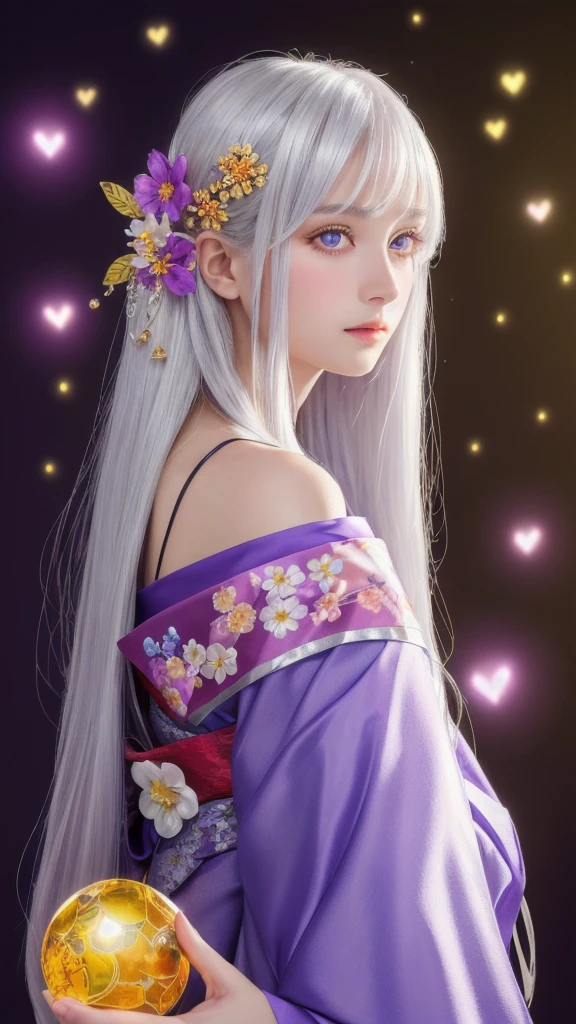 (masterpiece:1.3), (8k, photorealistic, raw photo, highest quality:1.4), (one girl), beautiful face, (realistic face), (long hair), (silver hair, near white hair, shiny hair, beautiful straight hair), (even bangs), (sharp bangs), straight hairstyle, realistic eyes, beautiful detailed eyes (purple eyes), (sharp eyes), (realistic skin), beautiful skin, (kimono), (magician's kimono), (flower hair ornament), attractive, ultra high resolution, ultra realistic, highly detailed, golden ratio, colorful background, (flowers blooming), (energy dancing background), magician, facing forward, facing from shoulders, looking straight ahead, both shoulders facing towards you, holding crystal ball, (heart crystal ball, love crystal ball).