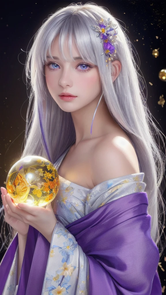(masterpiece:1.3), (8k, photorealistic, raw photo, highest quality:1.4), (one girl), beautiful face, (realistic face), (long hair), (silver hair, near white hair, shiny hair, beautiful straight hair), (even bangs), (sharp bangs), straight hairstyle, realistic eyes, beautiful detailed eyes (purple eyes), (sharp eyes), (realistic skin), beautiful skin, (kimono), (magician's kimono), (flower hair ornament), attractive, ultra high resolution, ultra realistic, highly detailed, golden ratio, colorful background, (flowers blooming), (energy dancing background), magician, facing forward, facing from shoulders, looking straight ahead, both shoulders facing towards you, holding crystal ball, (heart crystal ball, love crystal ball).