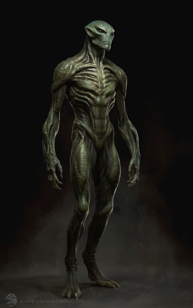 repitilian, alien, with three fingers, without tail, strong legs, thin and fragile arms , 3 to 4 meters tall