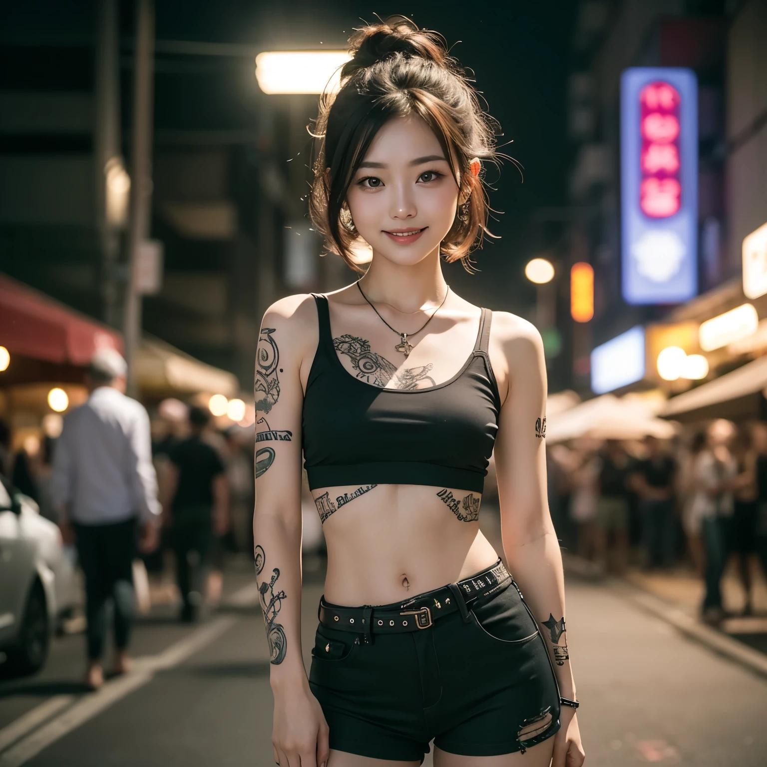 (night, Soft lighting, Highest quality, 8K, masterpiece, RAW Photos: 1.3) close-up portrait of woman with tattoo arms and top, ((tattoo body young girl, ink, tattoo, tattoo body:1.2)), 2 4-year-old female model, (short t-shirt and mini skirt slit,) highlight brown hair, neckless, body piercing, short bob hairstyle, Half ?????, Disheveled clothing, tattoo, Wearing a sexy crop top, Sexy girl in shorts, Tight waist, beautiful abdomen, ever small midriff, Very detailed, Intricate details, Very detailed face and skin, Under boob, The body is slim, Fine grain, Realistic, compensate, intellectual, Fascinating, Beautiful standing posture, small, in city, Invincible Smile, full body