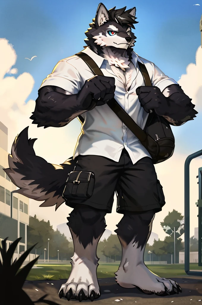 (Strong arms),(Strong legs),masterpiece, best quality, Official Art, Extremely detailed CG unified 8k wallpaper, Ultra Detailed, Best Illustration, , Ink fur, hairy male, Wolf Boy, hairy, Ink fur, 1 Boy,, male focus,, Striped hair, Wolf ears, Animal ears, Single speaker, Ink fur, Bangs, dark hair, White highlights, Medium Hair, Solitary, Ink tail,hairy尾巴,(Black pupil),High target,(campus),,barefoot,(Sexy),((High target and strong)),side,(Delicate eyes:1.2),Inky eyes,male,Solitary,(Inky pupils),(Detailed face),(Sharp eyes),Permanent,(Detailed hands),(Foot details),aldult,type,Moderate,Long legs,(Detailed fingers),(Delicate eyes),(White shirt),(Black shorts),easy,(Big Bag:1.5)