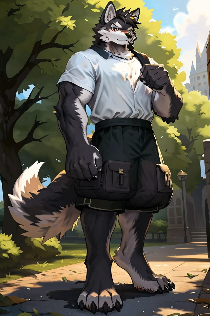 (Strong arms),(Strong legs),masterpiece, best quality, Official Art, Extremely detailed CG unified 8k wallpaper, Ultra Detailed, Best Illustration, , Ink fur, hairy male, Wolf Boy, hairy, Ink fur, 1 Boy,, male focus,, Striped hair, Wolf ears, Animal ears, Single speaker, Ink fur, Bangs, dark hair, White highlights, Medium Hair, Solitary, Ink tail,hairy尾巴,(Black pupil),High target,(campus),,barefoot,(Sexy),((High target and strong)),side,(Delicate eyes:1.2),Inky eyes,male,Solitary,(Inky pupils),(Detailed face),(Sharp eyes),Permanent,(Detailed hands),(Foot details),aldult,type,Moderate,Long legs,(Detailed fingers),(Delicate eyes),(White shirt),(Black shorts),easy,(Big Bag:1.5)
