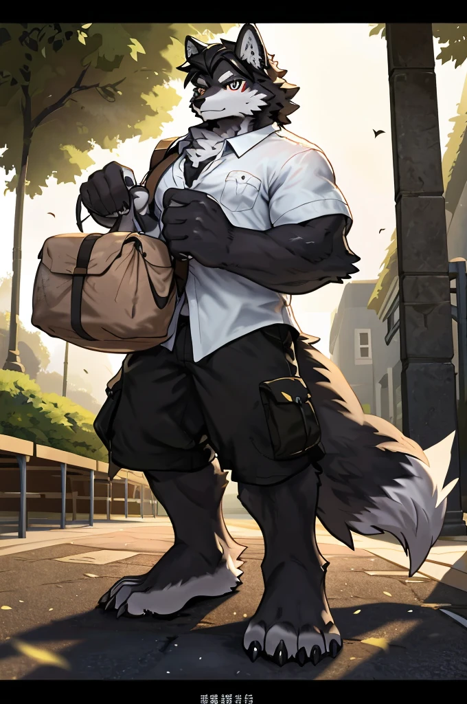 (Strong arms),(Strong legs),masterpiece, best quality, Official Art, Extremely detailed CG unified 8k wallpaper, Ultra Detailed, Best Illustration, , Ink fur, hairy male, Wolf Boy, hairy, Ink fur, 1 Boy,, male focus,, Striped hair, Wolf ears, Animal ears, Single speaker, Ink fur, Bangs, dark hair, White highlights, Medium Hair, Solitary, Ink tail,hairy尾巴,(Black pupil),High target,(campus),,barefoot,(Sexy),((High target and strong)),side,(Delicate eyes:1.2),Inky eyes,male,Solitary,(Inky pupils),(Detailed face),(Sharp eyes),Permanent,(Detailed hands),(Foot details),aldult,type,Moderate,Long legs,(Detailed fingers),(Delicate eyes),(White shirt),(Black shorts),easy,(Big Bag:1.5)
