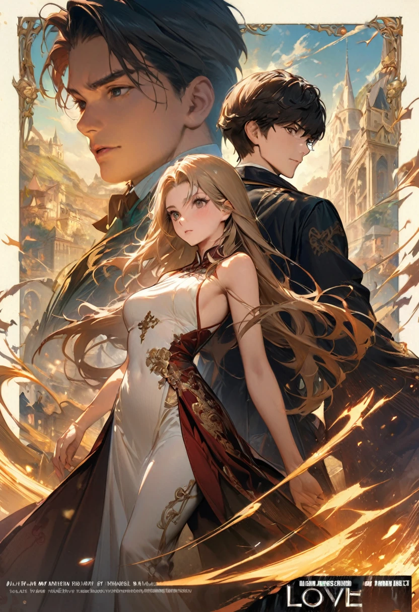 Movie poster, film cover, Concept art of love, cover academy of magic, A high resolution, top quality, Best quality, perfect work of art, absurdity, Ideal Anatomy(young male detective and woman in Chinese dress back to back)with some elements of the Aristocracy, Magic, combat,