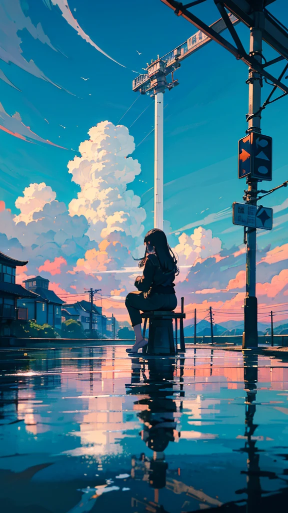 masterpiece, Exquisite detail,Highest quality, One girl, alone, handrail, cloud, buildings,Long Hair, zero, Long sleeve, Power lines, White footwear, Black Hair, Electric pole, bangs, cloudy zero, fish, bird, Green Eyes, Shorts, Day, Black Shirt, barefoot,Pitch black,Buildings,High quality anime art style，Standing painting，Splash ink background,Blue Themes,Clear Face,Distinct facial features,Fuji Mountain,Fuji Mountain,Buildings in Tokyo,Looking at me,View from behind,sitting in water,Bright sky,Daytime,Looking straight ahead,Future City,train,Railroad crossing,morning,A train running on the tracks,the sun and the moon