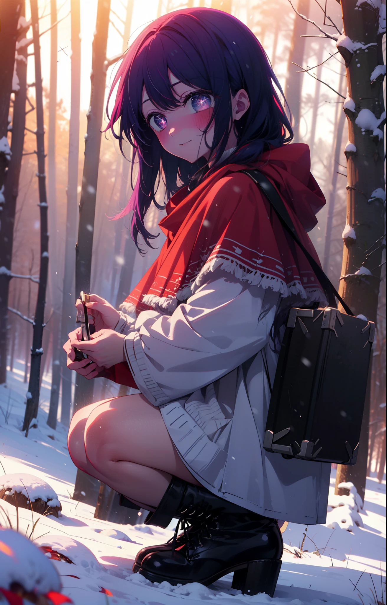 aihoshino, Ai Hoshino, Long Hair, bangs, (Purple eyes:1.1), Purple Hair, (Symbol-shaped pupil:1.5), smile,,smile,blush,White Breath,
Open your mouth,snow,Ground bonfire, Outdoor, boots, snowing, From the side, wood, suitcase, Cape, Blurred, , forest, White handbag, nature,  Squat, Mouth closed, Cape, winter, Written boundary depth, Black shoes, red Cape break looking at viewer, Upper Body, whole body, break Outdoor, forest, nature, break (masterpiece:1.2), Highest quality, High resolution, unity 8k wallpaper, (shape:0.8), (Beautiful and beautiful eyes:1.6), Highly detailed face, Perfect lighting, Extremely detailed CG, (Perfect hands, Perfect Anatomy),